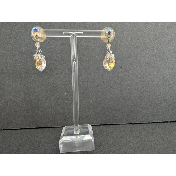 Vintage Iridescent Heart Crystal Dangle Earrings With Clear Stud Backings - Picture 2 of 4